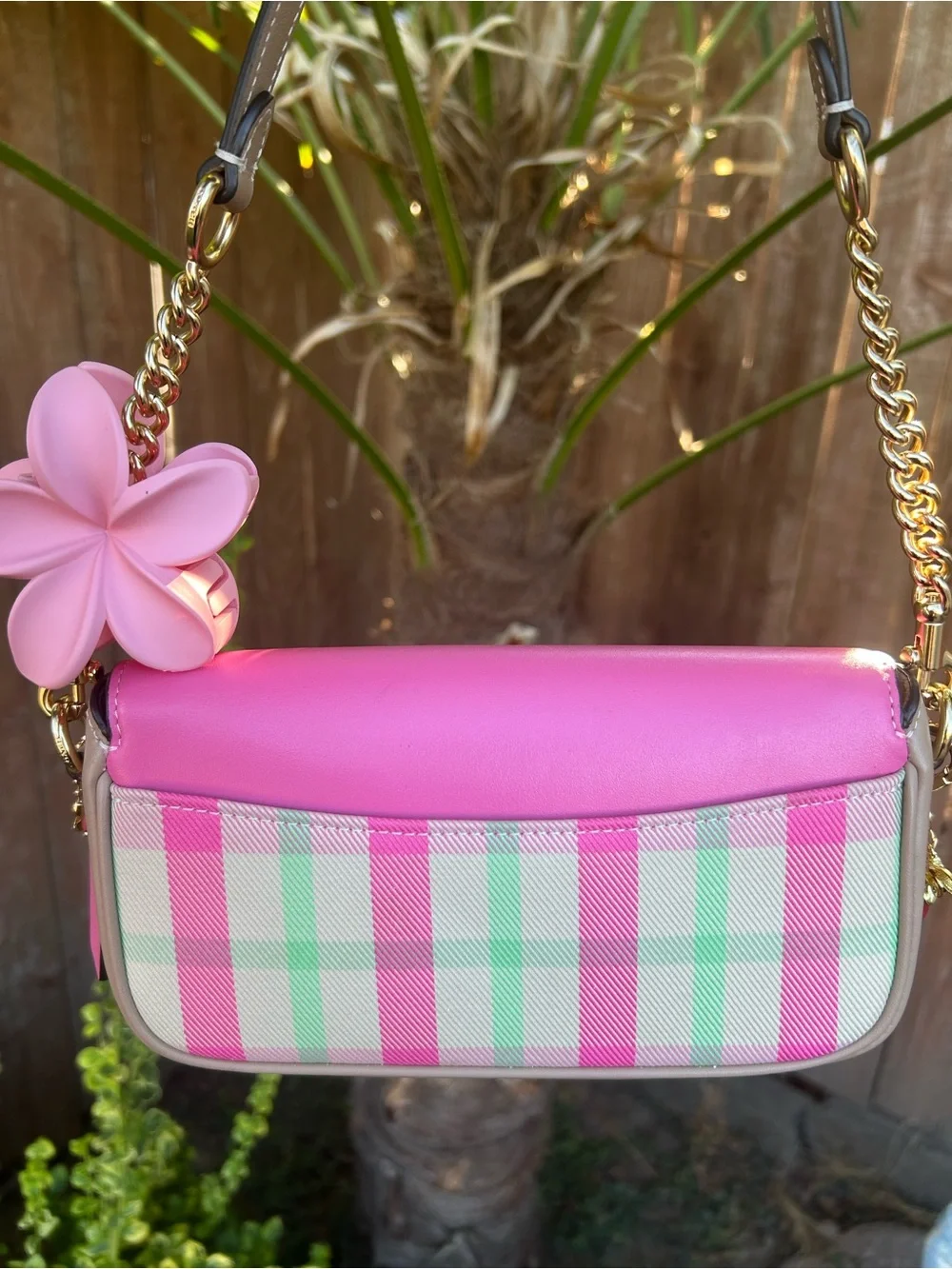 Coach Pink Floral Charm Shoulder Bag with Pastel Stripe